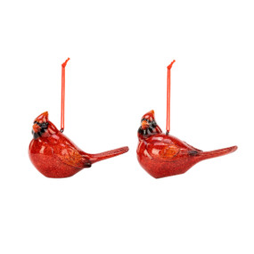 A set of two blown glass red cardinal ornaments, each with a red string.