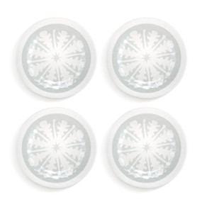 A set of four white and gray appetizer plates each with a snowflake on each.