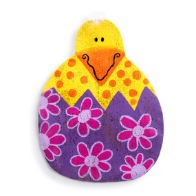 A metal door hanger in the shape of a chick peeking out of a cracked egg. The chick is yellow and the egg is purple with pink and purple flowers.