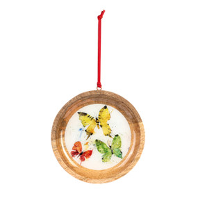 A round wood ornament with a watercolor image of a colorful butterflies.