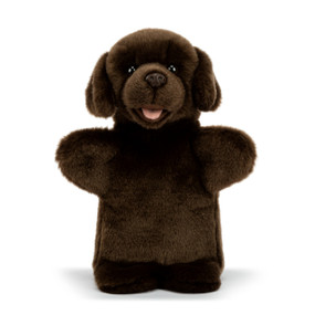 A plush hand puppet of a dark brown chocolate lab puppy.