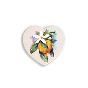A set of four heart shaped white ceramic coasters with a watercolor image of an orange blossom.
