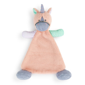 A light pink blankie with the head and horn of a unicorn and knit dark gray feet.