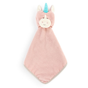 A light pink terrycloth washcloth with the face and blue horn of a unicorn.