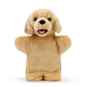 A plush hand puppet of a tan lab puppy.