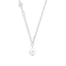 A silver chain necklace with a large white bead charm and smaller white bead clusters along the chain.