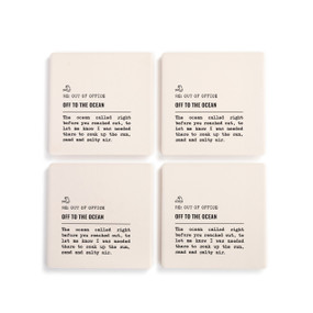 A set of four white ceramic coasters with the saying "RE: Out of Office Off to the Ocean" with a short write up about someone on an ocean vacation.