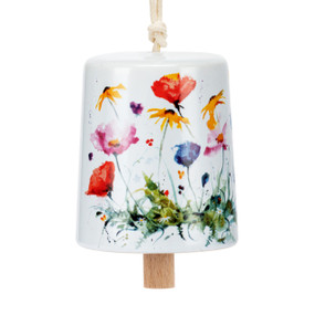 A white mini ceramic bell with a wood clapper. The bell has a watercolor image of wildflowers on it.