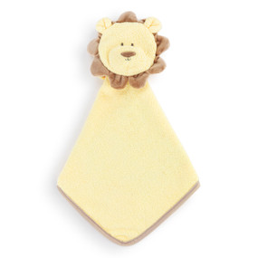 A yellow terrycloth washcloth with the face and brown mane of a lion.