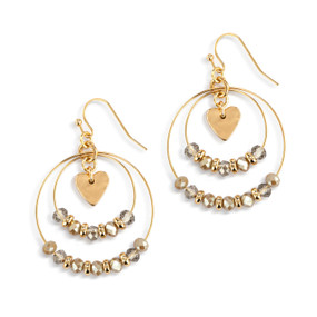 A pair of multi hoop gold earrings with various gray beads on the hoops and a gold heart charm in the middle.