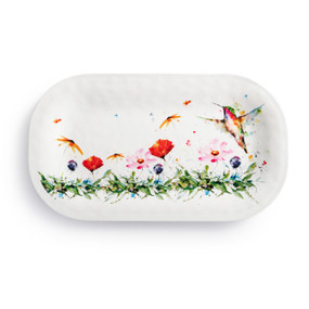A white rectangular melamine platter with a watercolor image of wildflowers and a hummingbird.