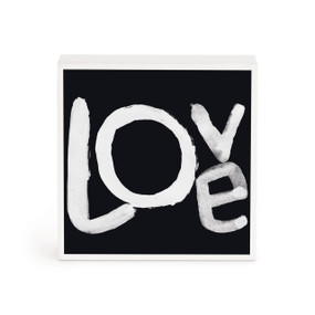 A small white box artwork of the word "Love" on a black background.