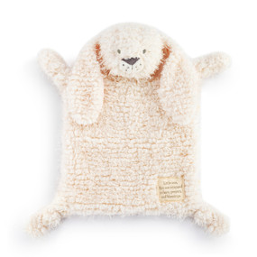 A fuzzy cream blankie with the face and long ears of a bunny and a fabric patch in the corner that says "Little One, You are wrapped in love, prayers and blessings".
