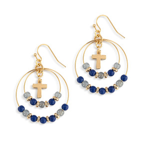 A pair of multi hoop gold earrings with blue and gray beads on the hoops and a gold cross charm in the middle.