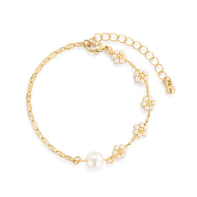 A gold bracelet made of half gold chain and the other half is bundles of small white beads and one large white bead.