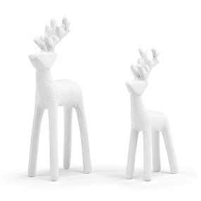 A set of two cast iron white deer in different sizes.