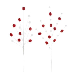 Two decorative sprays of red and white poms on white branches.