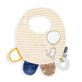 A tan and white striped baby bib with Pooh hanging from a balloon appliquéd on top. The bib has sensory tabs at the bottom and a teether ring attached.