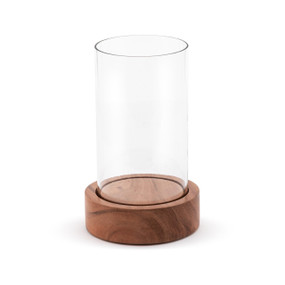 A small round hurricane with a wood base and round open top glass.