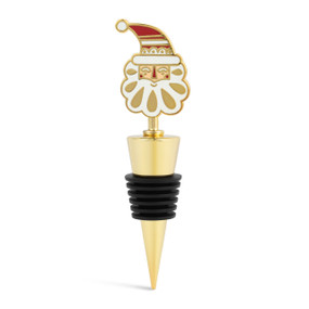 A gold and black bottle stopper with a red, gold and white Santa face on top.