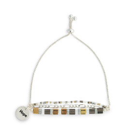A silver chain adjustable bracelet with beads and tiles in bronze, gray and white. The bracelet also has a silver round charm that says Hope.