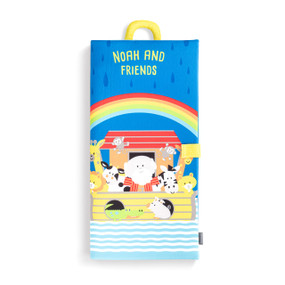 A sensory playmat with a Noah and friends theme displayed folded and showing the handle at the top.