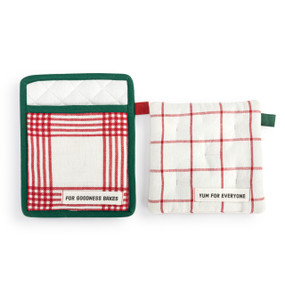A set of two different hotpads in white, red and green. One has a pocket and says "For Goodness Bakes" and the other is smaller and square and says "Yum For Everyone".