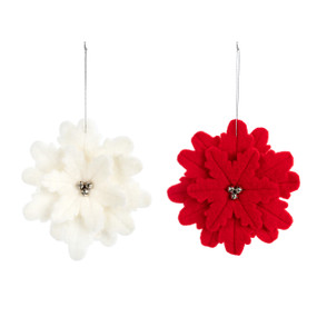Two felt poinsettia ornaments, one in red and the other white. Each has three mini silver bells in the center.