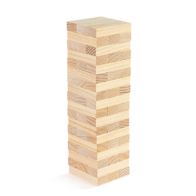 A light wood tumble tower that has Christmas conversation questions on the pieces, displayed stacked.