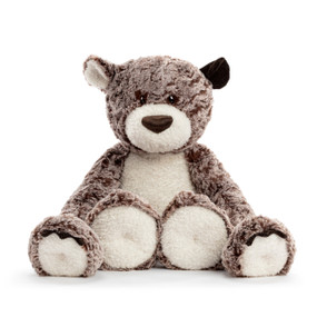 A gray and cream weighted Giving Bear with long arms and a corduroy ear for listening.