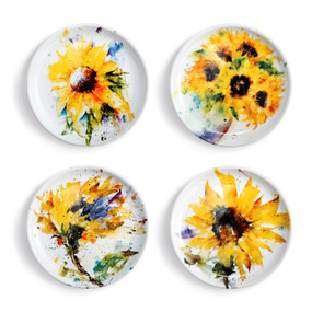A set of 4 white ceramic appetizer plates with four different watercolor images of yellow sunflowers on them.