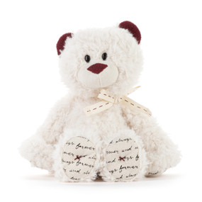 A small cream plush bear with dark red corduroy nose and ears. His paws have "forever and always" in script and he has a cream fabric bow around his neck.