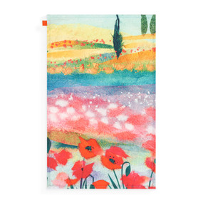 A tea towel with artwork inspired by ArtLifting artist Midori of pink poppy flowers in a field.