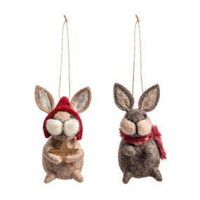 A set of two felted rabbit ornaments. One is brown and wearing a red hat and the other is gray and wearing a red scarf.