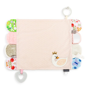 A light pink fabric blankie with a swan and tabs on each end in different fabrics and textures. The blankie also has a teether and stroller ring attached.
