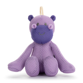 A purple plush bathtime hippo with dark purple ears and mouth. The hippo has a hanger at the top.