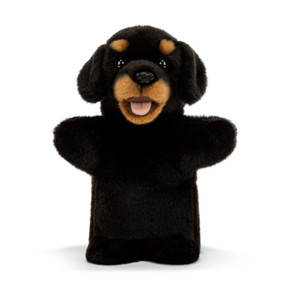 A plush hand puppet of a black Rottweiler puppy with a brown muzzle.