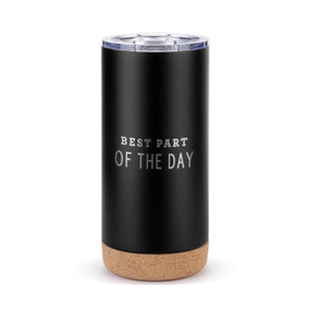 A black stainless steel travel mug with a brown cork bottom and plastic lid. The mug says "Best Part of the Day" in silver.