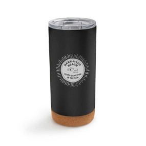 A black cork bottom tumbler with the saying "Bark-A-Lot beach. Fetch some fun in the sun"