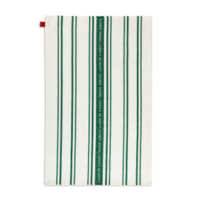 A green and white striped kitchen towel. The middle stripe says "Gather Round, Laugh & Be Merry".
