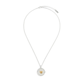 A silver chain necklace with a lobster clasp and a round silver locket charm with a gold heart on the front.