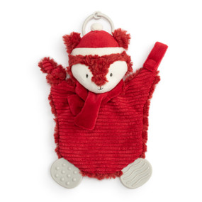 A red fox teether buddy wearing a red scarf and stocking hat. The teether has a stroller ring at the top.