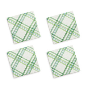 A set of four white cocktail napkins with a green plaid pattern.