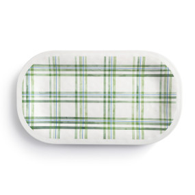 A white rectangular melamine platter with a green plaid pattern.