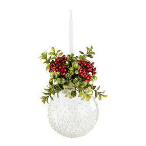 A white round ball ornament with artificial mistletoe decorating the top.
