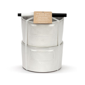 A set of two white ceramic appetizer bowls and a black marker that can be used to write on the front of them, displayed stacked and tied with a product tag.