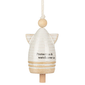 A small cream ceramic angel shaped bell with small wings, a wood bead for the head and the saying "Protect us & watch over us" at the bottom.