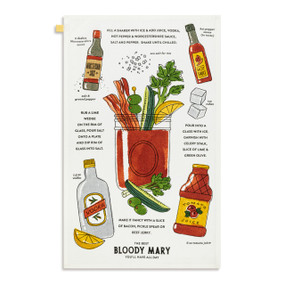 A white kitchen towel with illustrations and directions for making a bloody mary cocktail, displayed laid out flat.