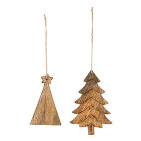 A set of two wood ornaments shaped like different rustic trees.