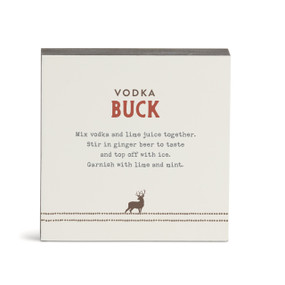 A white square wall art with a basic recipe for a Vodka Buck written in red.
